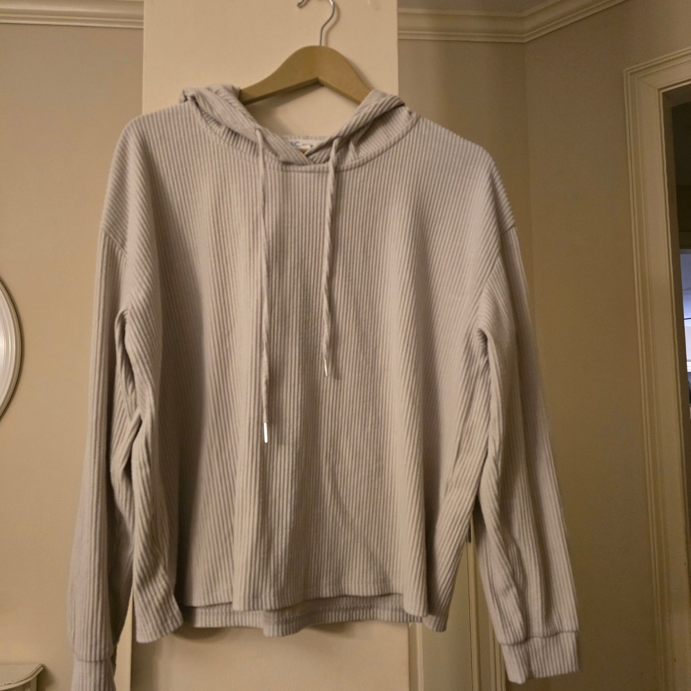 C&C California Ribbed Knit‎ Hoodie Cream Long Sleeve Casual Pullover Women's L